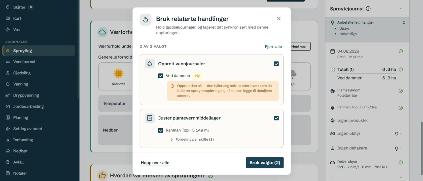 Agdir oppretter vannjournalen for skiftet Ved dammen og trekker middelet fra lageret når sprøytingen lagres