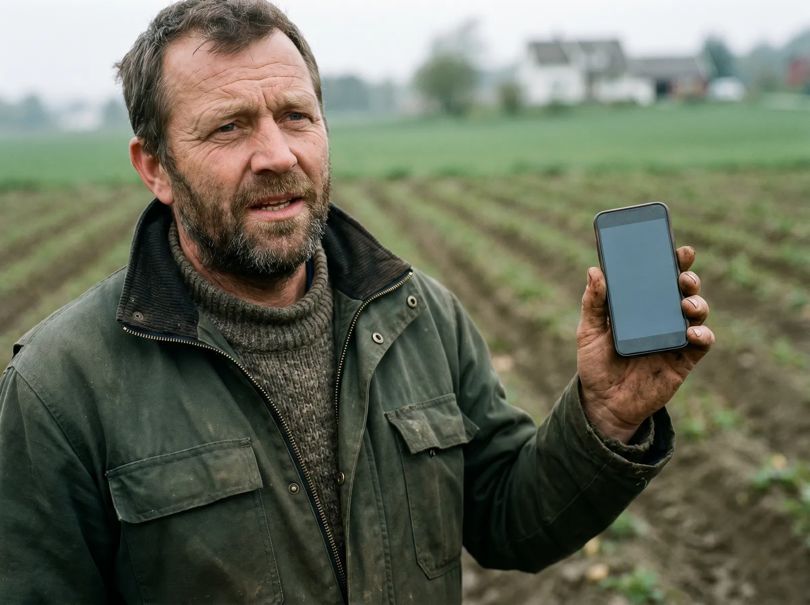 Bonde viser Agdir-appen på telefonen ute på jordet